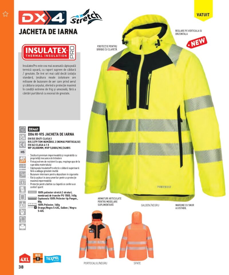 Geaca de lucru vatuita pentru iarna, impermeabila, captuseala Insulatex, finisaj Texpel rezistent la pete - Portwest DX461