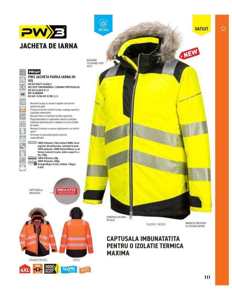 Geaca de lucru vatuita pentru iarna, reflectorizanta, impermeabila, captuseala Insulatex, finisaj Texpel rezistent la apa si murdarie - Portwest PW369